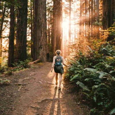 a woman walking on a trail in a forest